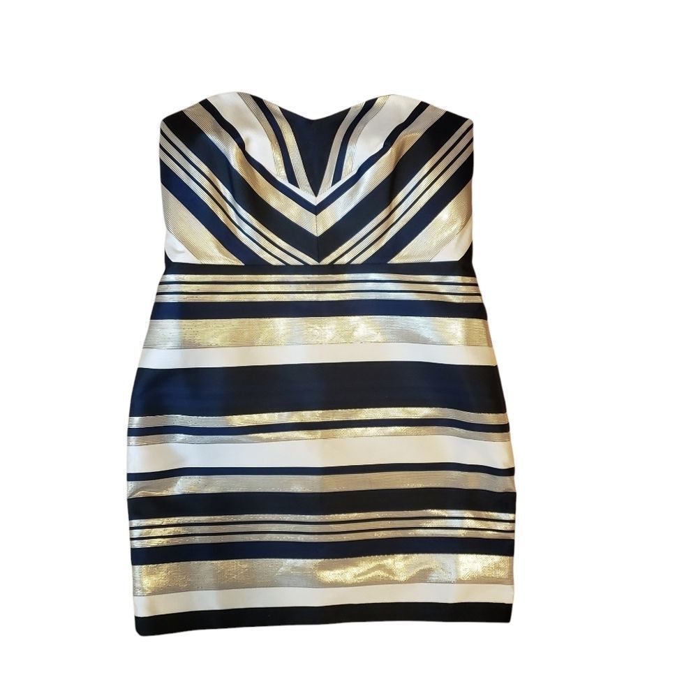 Ann Taylor Black and Gold Foil Strapless Party Dress Size 12 Petite